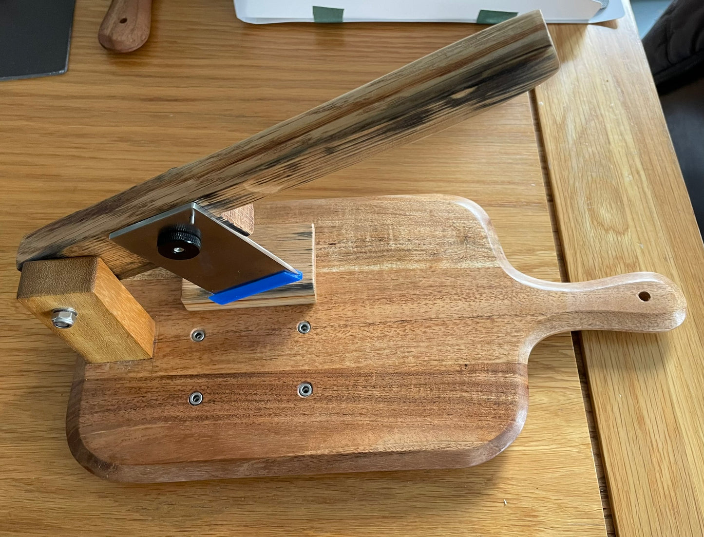 Acacia Biltong Cutting Board with Whiskey oak barrel handle.