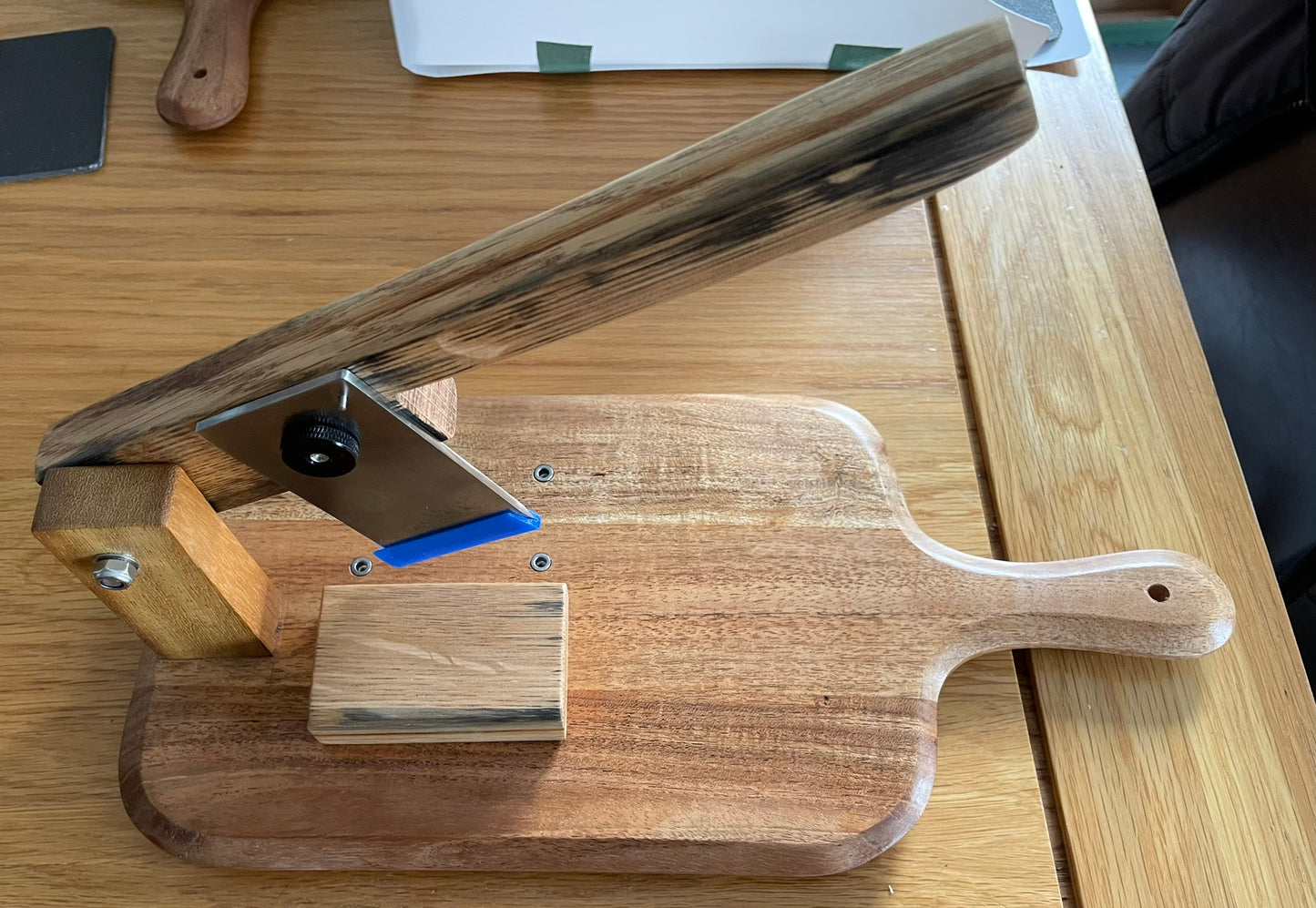 Acacia Biltong Cutting Board with Whiskey oak barrel handle.